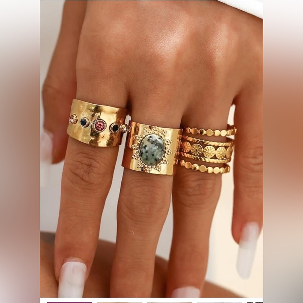 24k Gold Plated Mixed Stone & Textured Band Ring Set